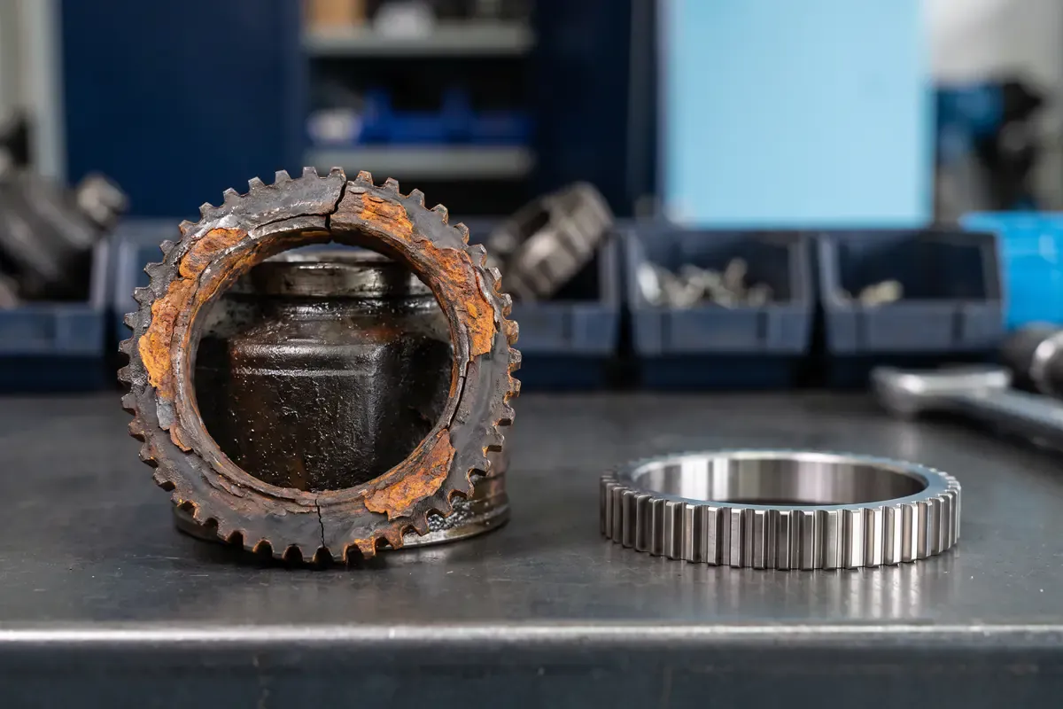 Verrosteter, gerissener ABS-Ring neben einem neuen ABS-Ring Verrosteter, gerissener ABS-Ring neben einem neuen ABS-Ring
